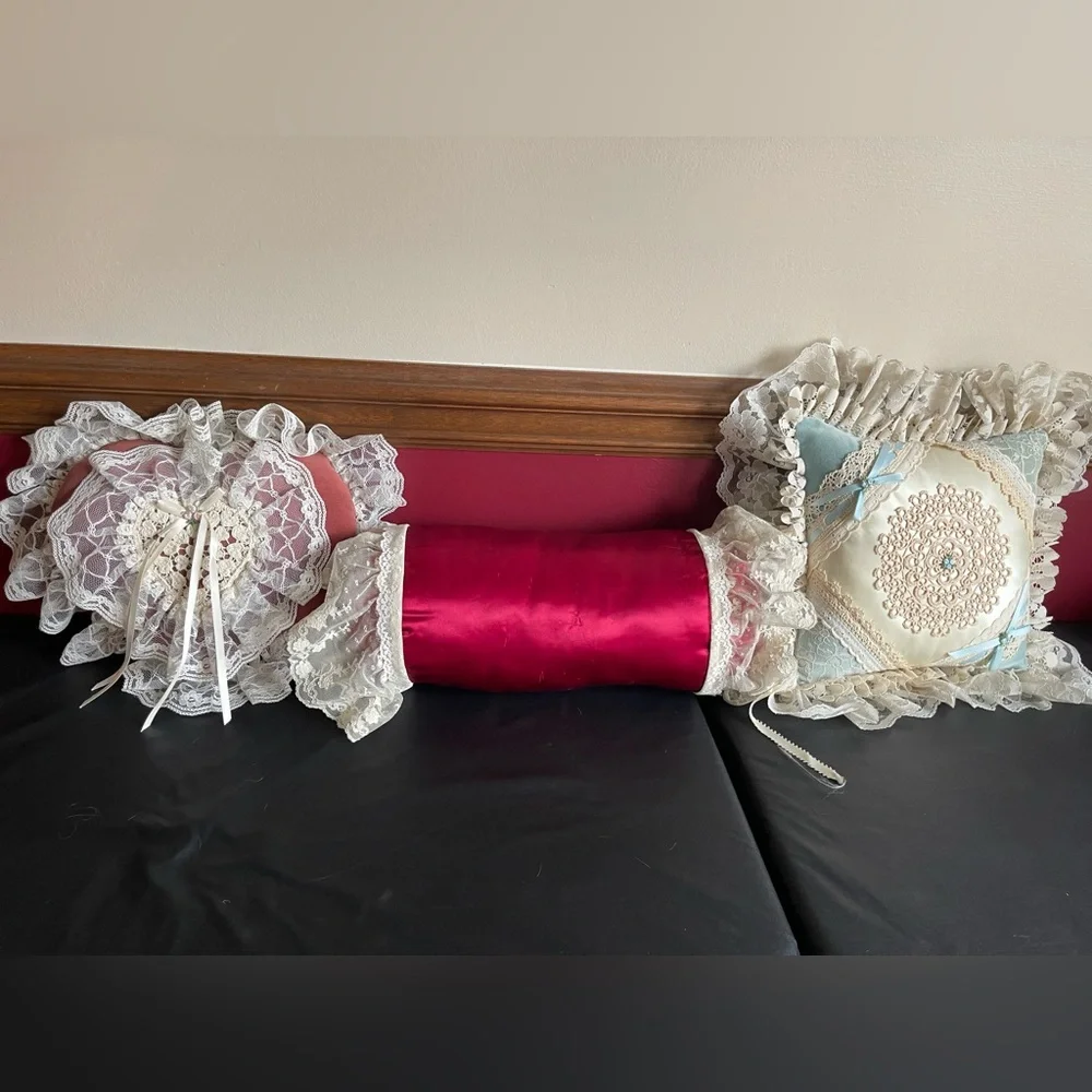 3 Vintage Satin & Lace Throw Pillows~Shabby Chic~Victorian Decor ~Very Pretty!!